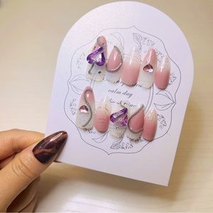 Pink heart diamond nail handmade gel nail, gem nails, acrylic press on nail